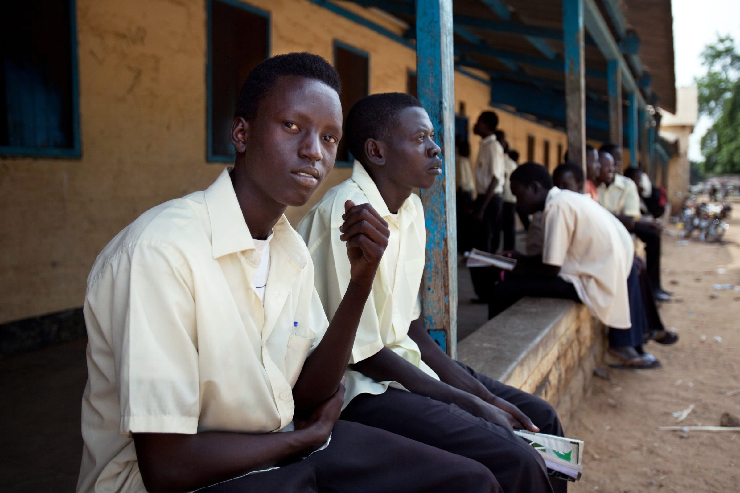 Secondary school students outside their classroom in Juba