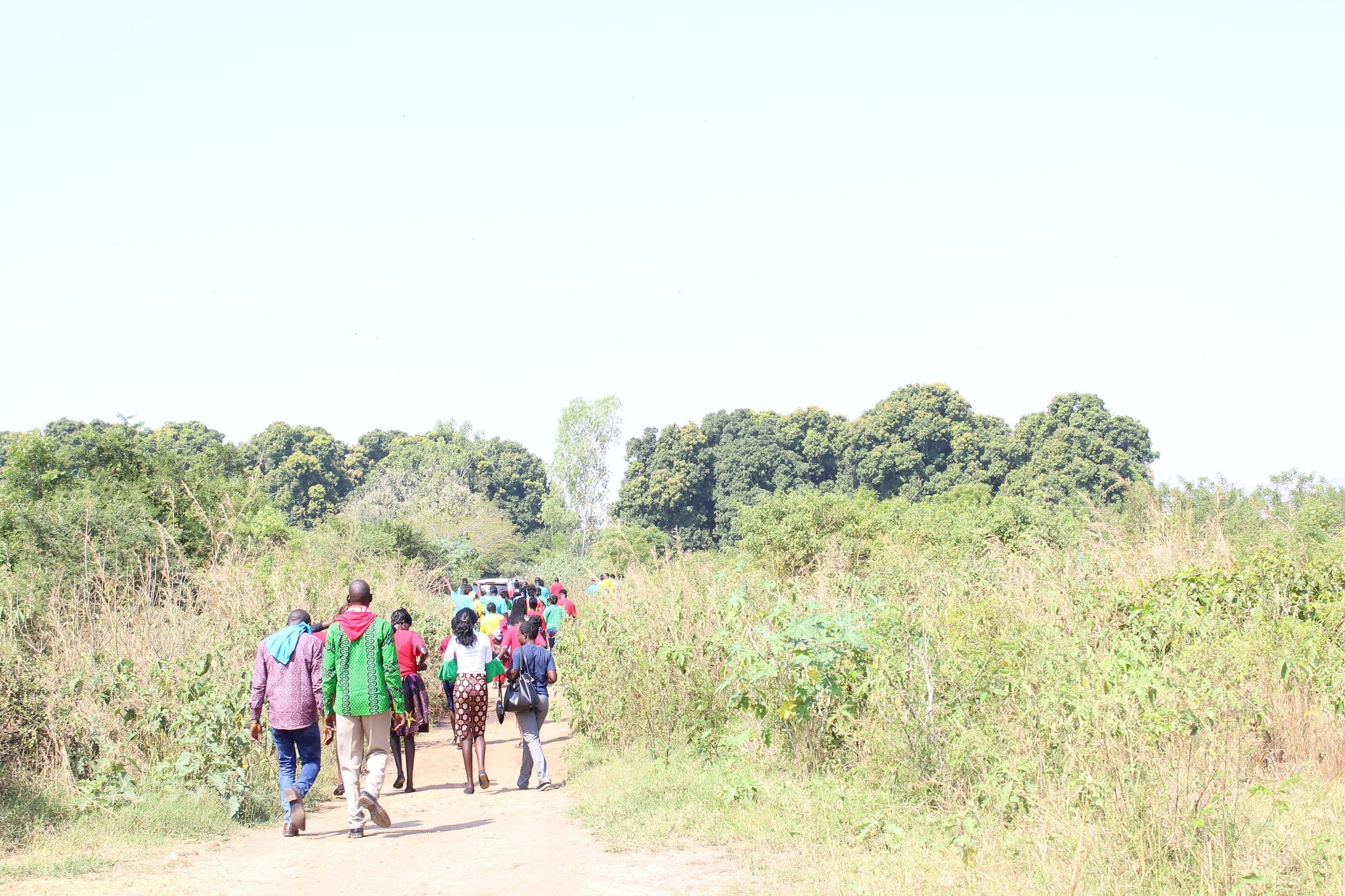 Young people walking along a path into green woodland near Juba